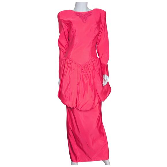 Vintage 80s Satin Formal Dress XS Puff Sleeve Bead Peplum Maxi Prom Statement - Picture 1 of 7